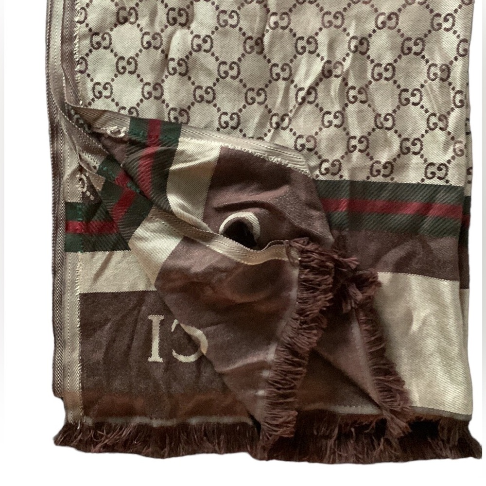 ‼️PRICE DROPPED ONLY TODAY‼️🆕 Gucci Brown Web Striped GG Jacquard Knit Scarf🧣 - Picture 7 of 8